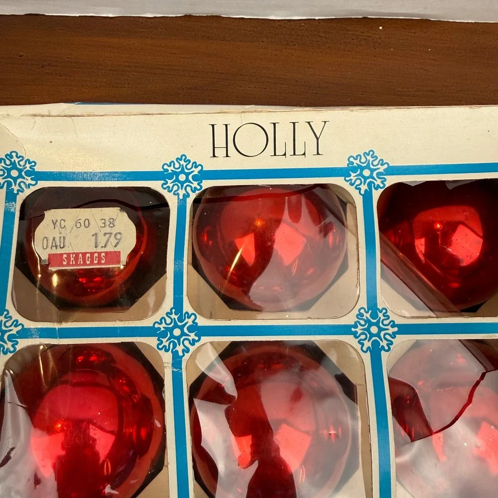 Vintage Holly Glass Christmas Ornaments Red Blue Set of 24 2.25